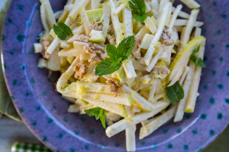 Cool, crunchy Celery Root, Apple and Walnut Coleslaw | Thanksgiving.com
