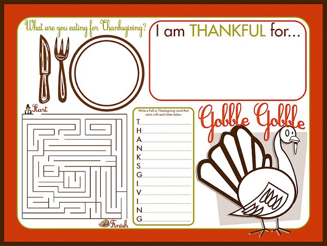 Thanksgiving Children's Activity Placemat Printable on Thanksgiving.com