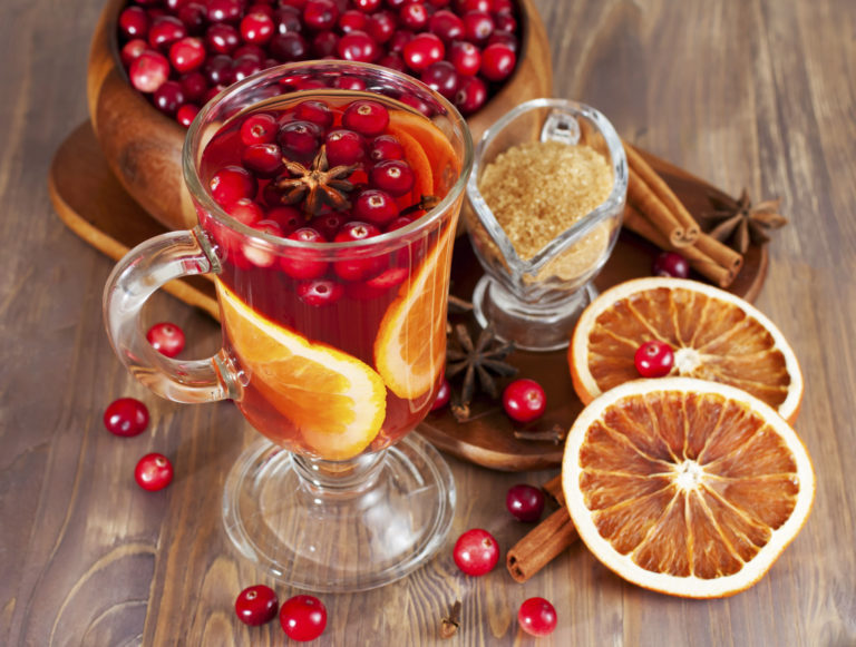 Hot mulled wine with cranberries and orange