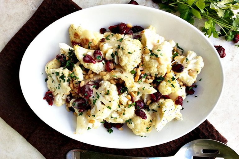 Roasted cauliflower recipe with dried cranberries and sherry vinaigrette | Thanksgiving.com