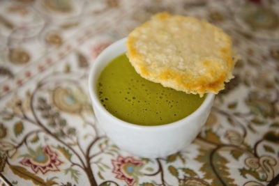 Cream of kale soup with Parmesan crisp for vegetarian Thanksgiving menu from Thanksgiving.com