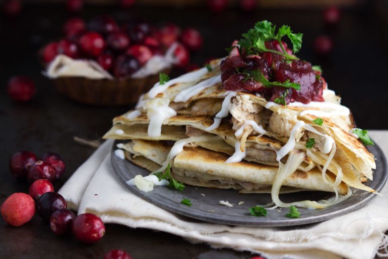Use up Thanksgiving leftover turkey and cranberries in this turkey quesadilla with homemade cranberry salsa recipe | Thanksgiving.com