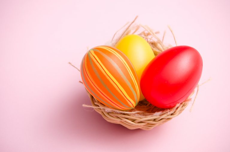 Painted easter egg in animal nest on colored background