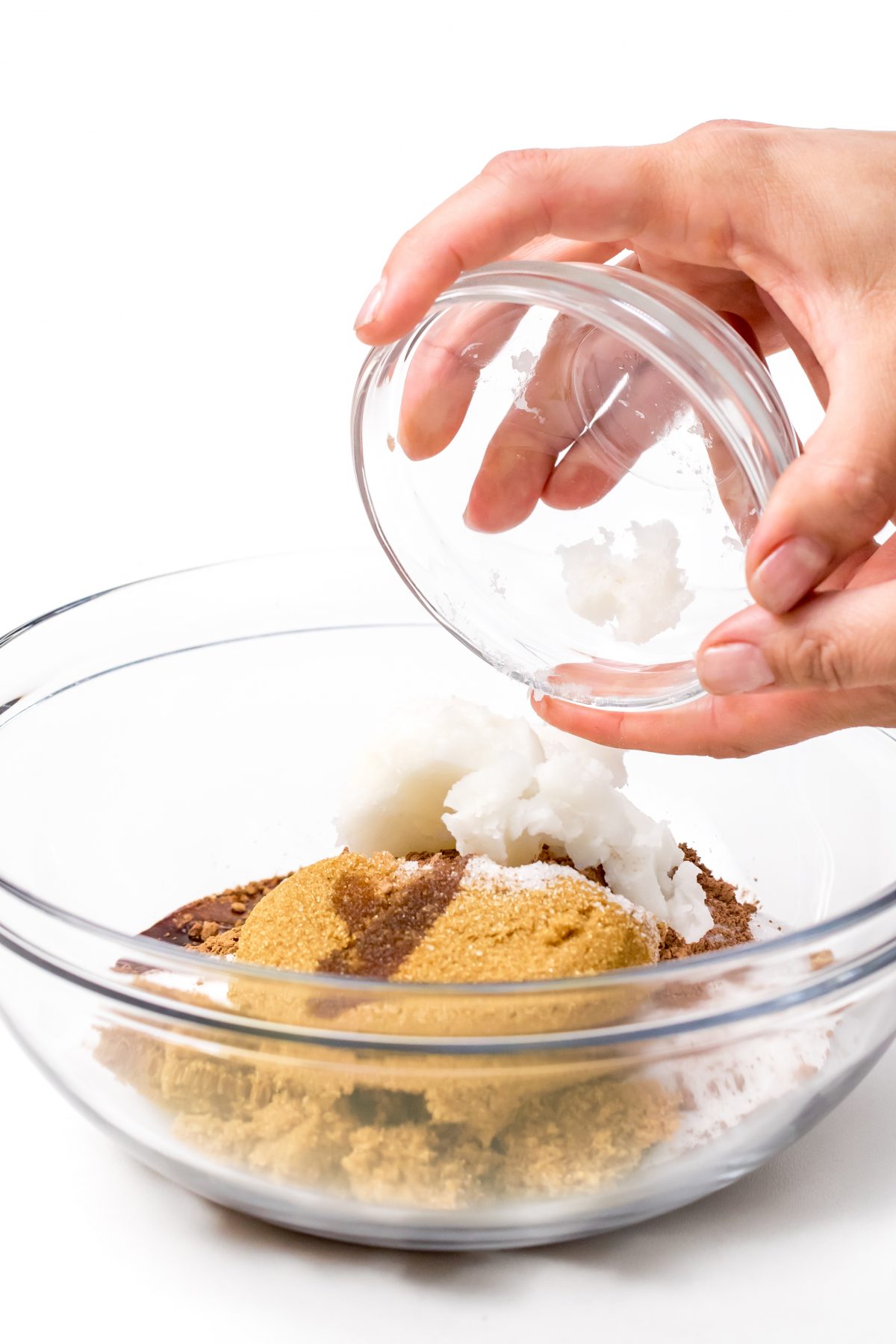  Chocolate sugar scrub - pouring coconut oil into mixing bowl