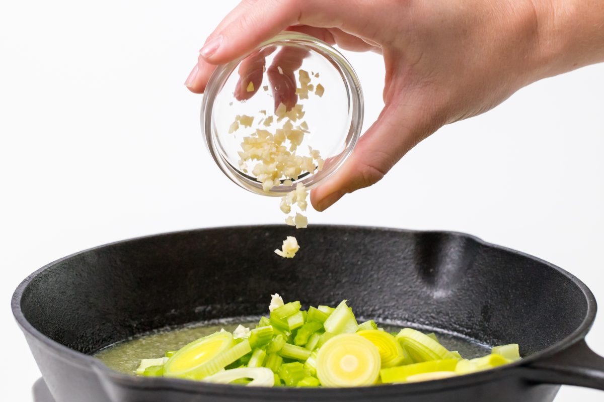 To the melted butter add celery, leeks and garlic.