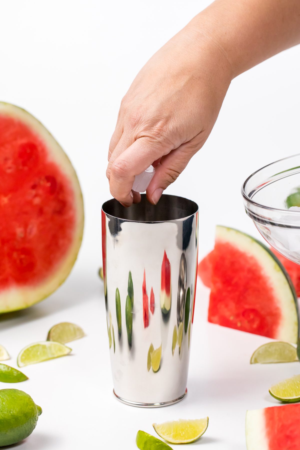 Add ice to cocktail shaker for Best watermelon margarita with just three ingredients
