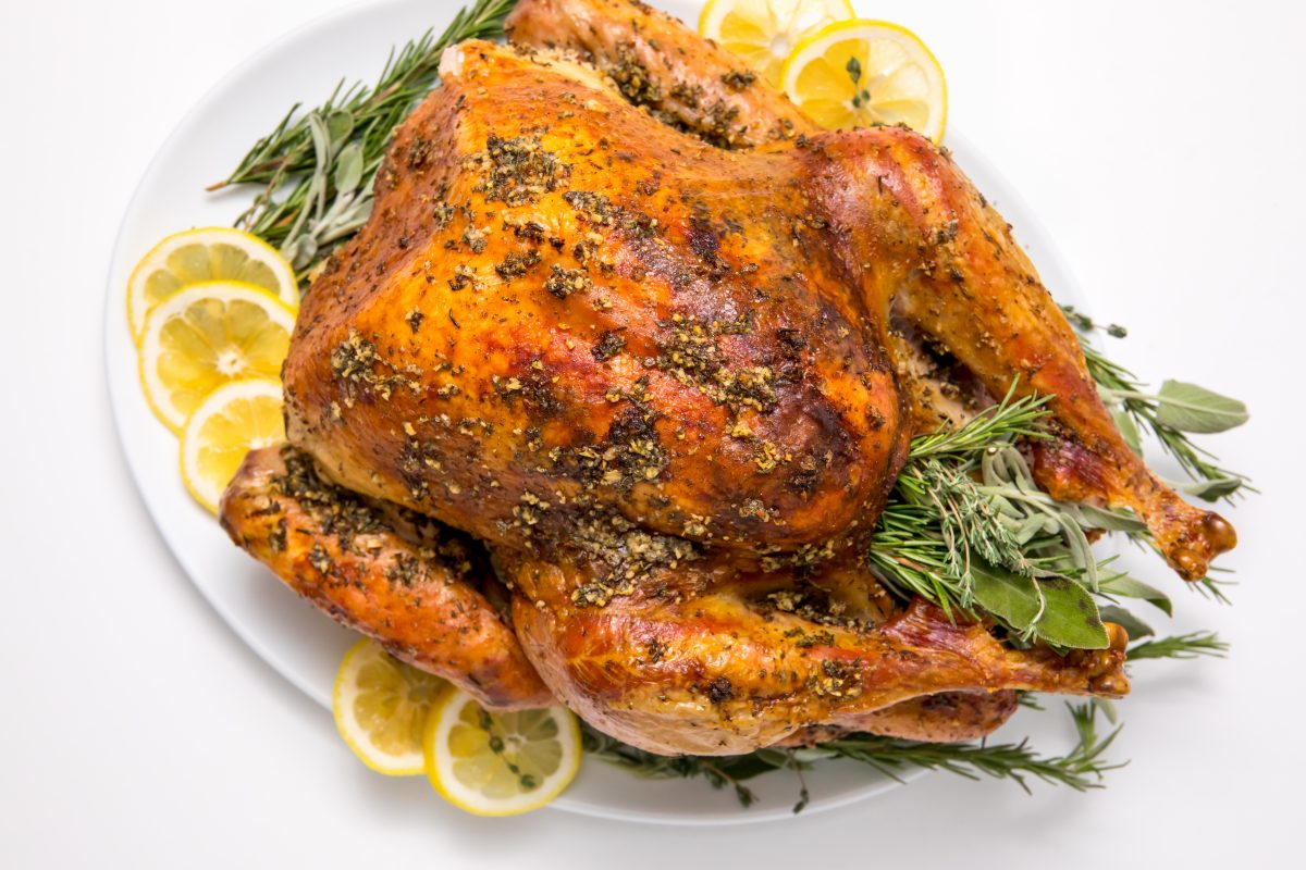 5D4B5449 - Easy No fuss Thanksgiving Turkey - turkey on a plate with lemon slices