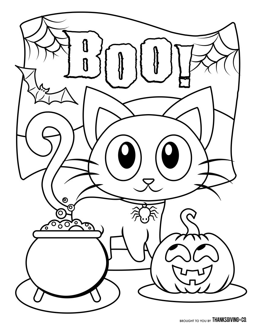 Halloween coloring pages: Spooky cat with a big BOO!